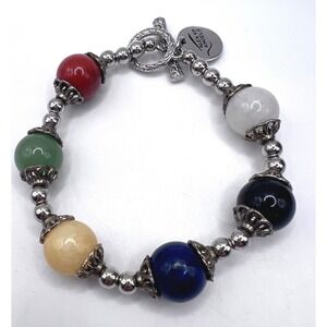 Alexa's Angels Multi Stone Beaded Bracelet Silver Tone Toggle 7.5"